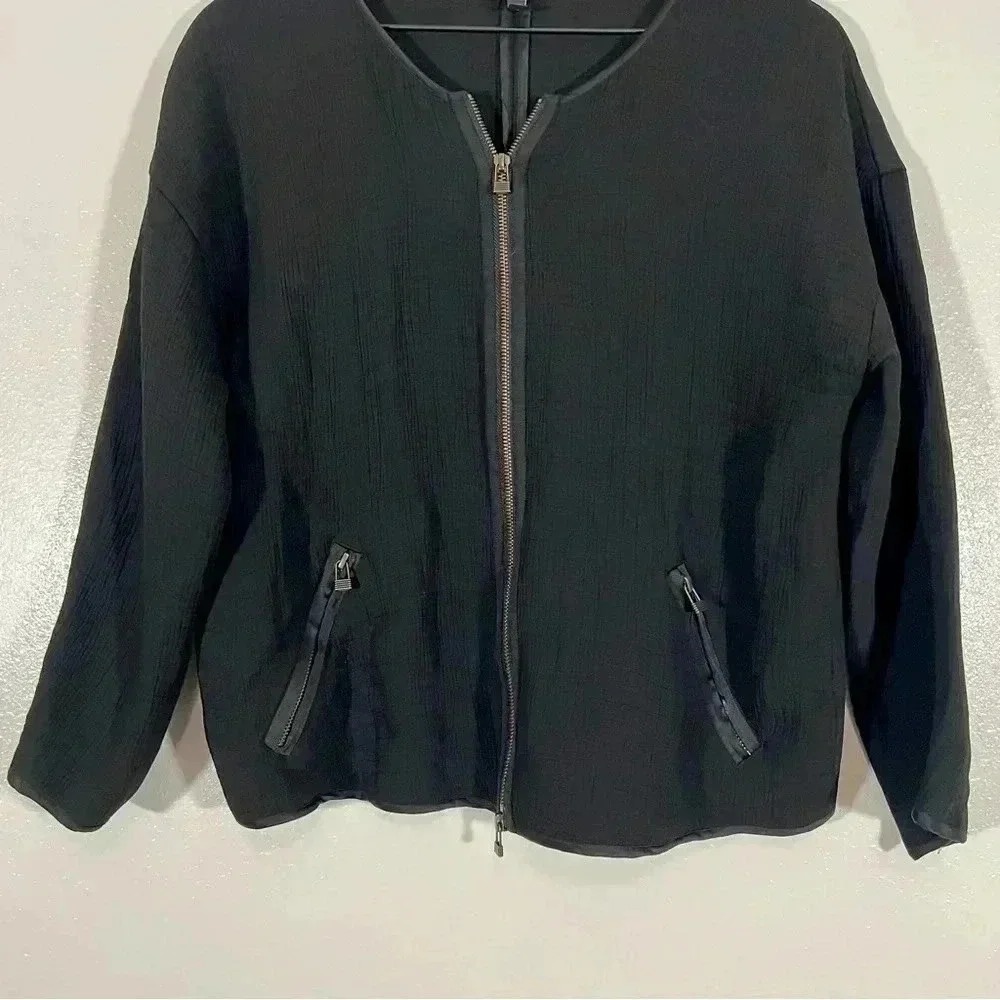 Eileen Fisher Black Textured Zip Jacket